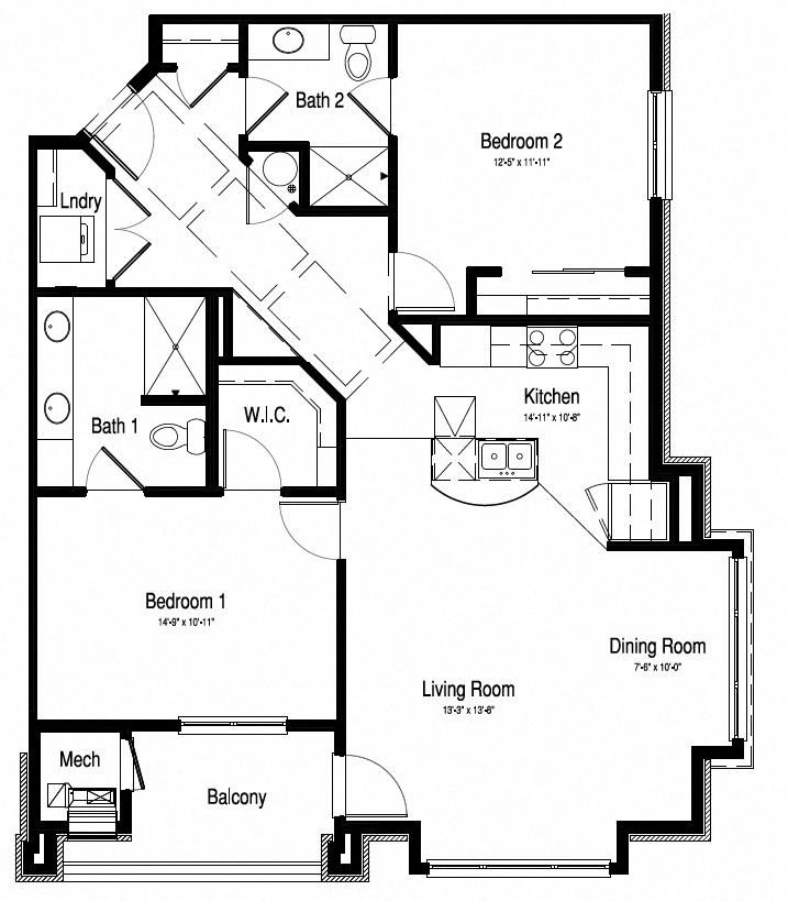 Floor plan for 2 beds, 2 baths, 1276 sqft